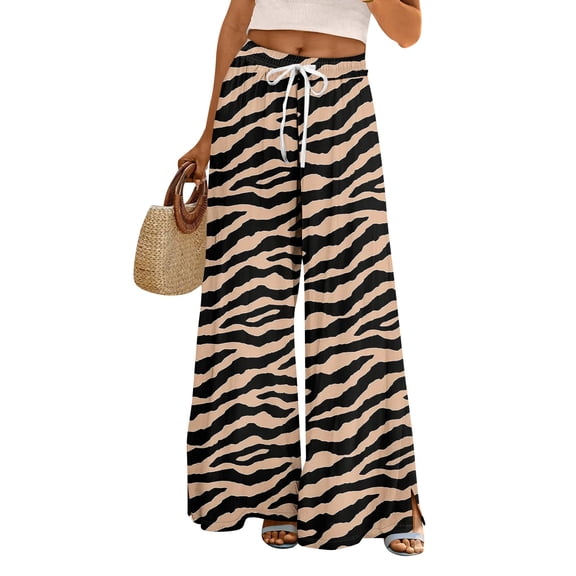 Women's Floral Print Palazzo Pants - High Waist Wide Leg Bohemian Summer Casual Trousers with Elastic Waist ,Leopard Print,L
