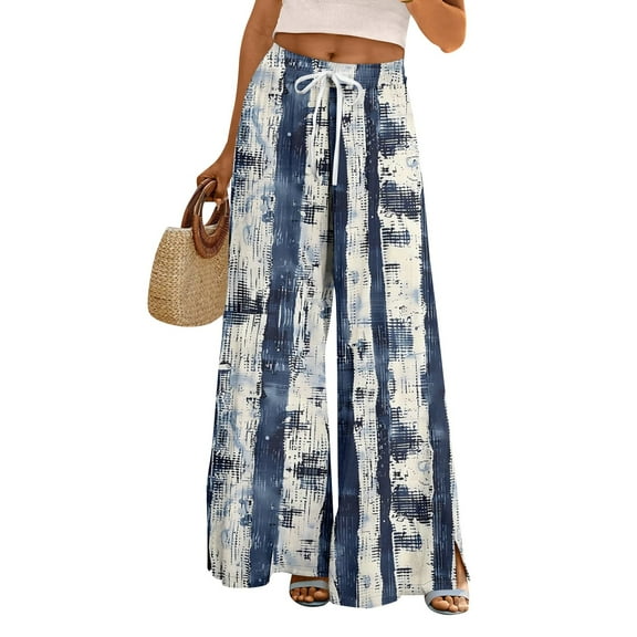 Women's Floral Print Palazzo Pants - High Waist Wide Leg Bohemian Summer Casual Trousers with Elastic Waist ,Royal Blue,L