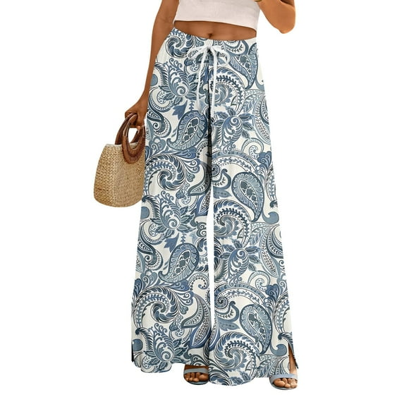 Women's Floral Print Palazzo Pants - High Waist Wide Leg Bohemian Summer Casual Trousers with Elastic Waist ,Royal Blue,S