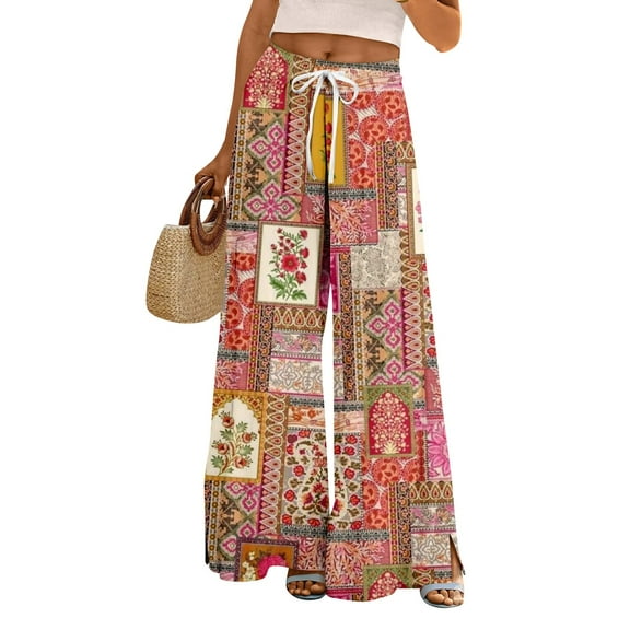 Women's Floral Print Palazzo Pants - High Waist Wide Leg Bohemian Summer Casual Trousers with Elastic Waist ,Saffron,S
