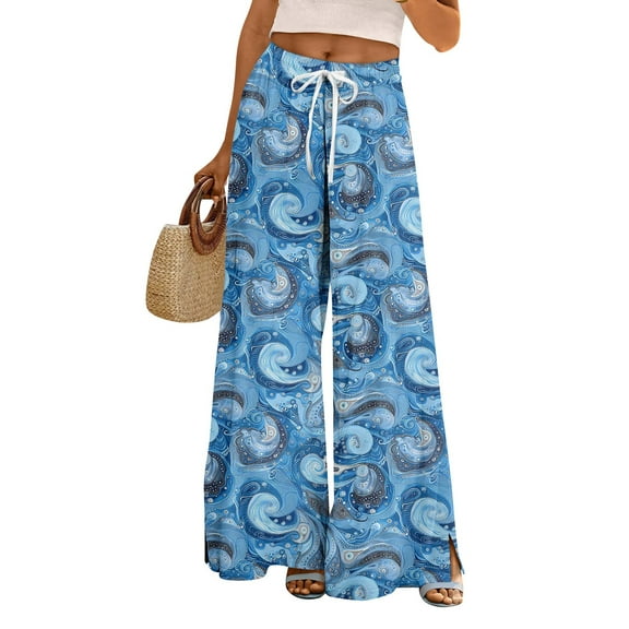 Women's Floral Print Palazzo Pants - High Waist Wide Leg Bohemian Summer Casual Trousers with Elastic Waist ,Sky Blue,L