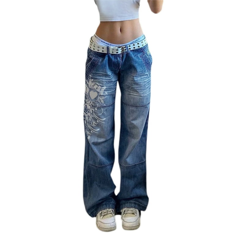 Women's Floral Print Patchwork Jeans Spring Autumn Low Waist Baggy Straight  Leg Pants Stretch Skinny Streetwear Casual Loose Cargo Denim Trousers with