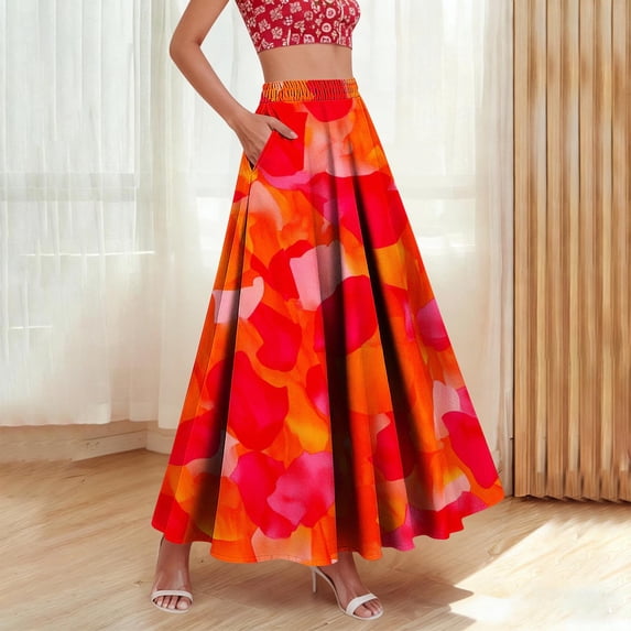 Women's Floral Print Pencil Skirt Elastic High Waist Vacation Bodycon Maxi Skirts Red B XXL
