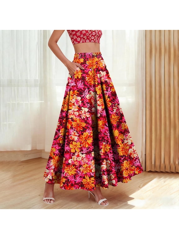 Women's Floral Print Pencil Skirt Elastic High Waist Vacation Bodycon Maxi Skirts Watermelon Red B XXXL