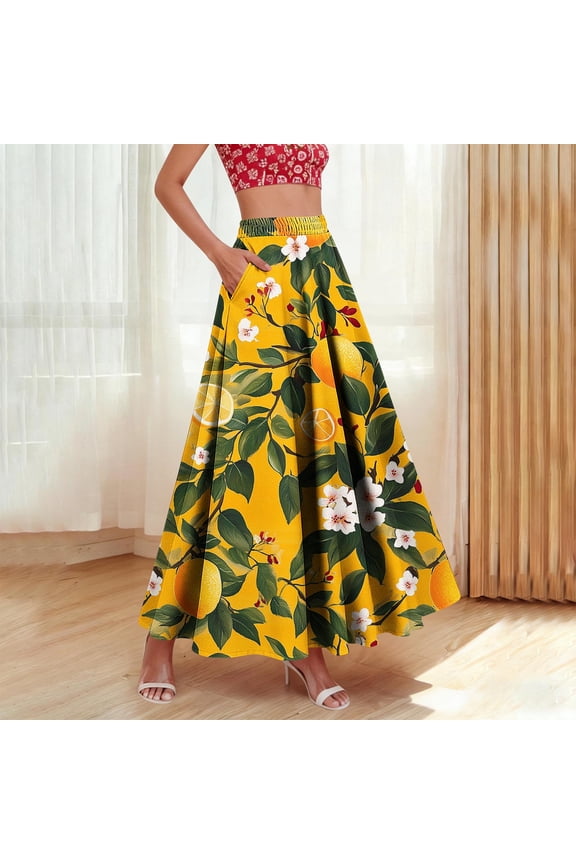 Women's Floral Print Pencil Skirt Elastic High Waist Vacation Bodycon Maxi Skirts Yellow B XXXL