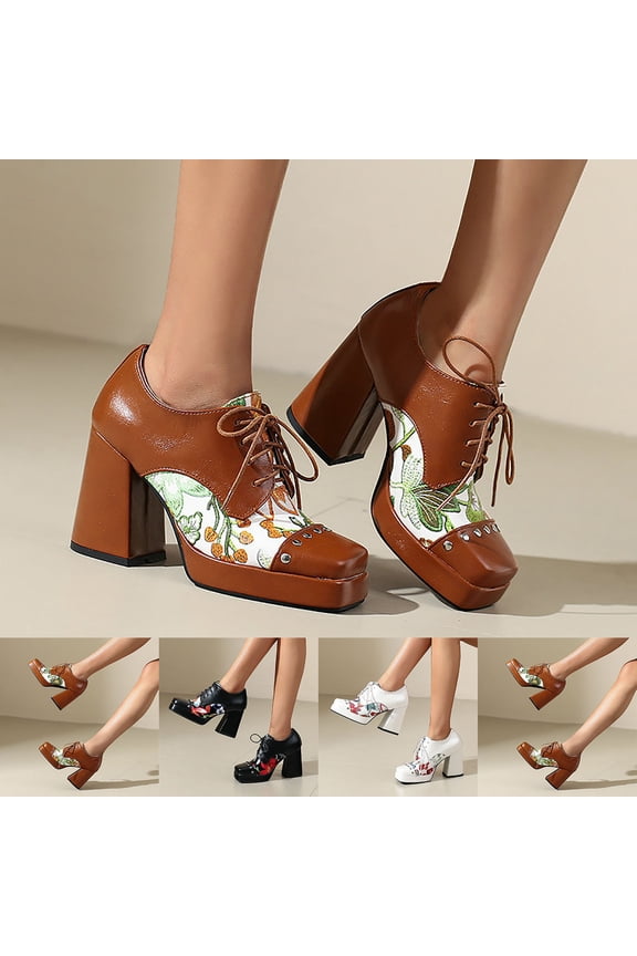 Women's Floral Print Platform Heels, Square Toe Chunky High Heel Dress Shoes, Lace-Up Comfortable Fashion Shoes for Daily Wear