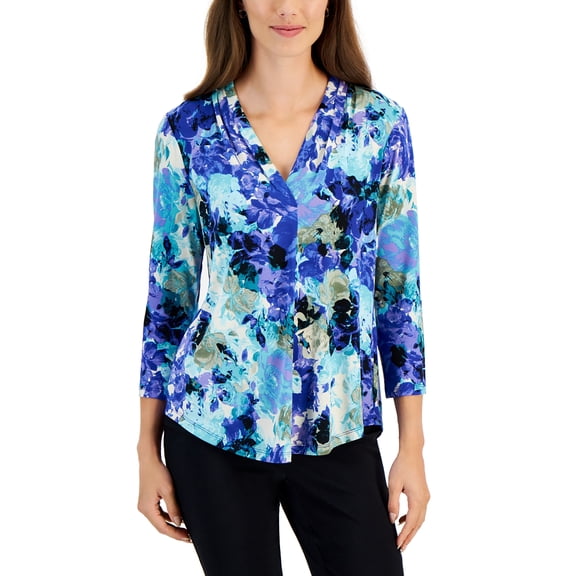 Women's Floral-Print Pleated-Shoulder Top Modern Blue Combo M