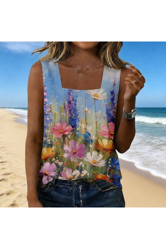 Women's Floral Print Pleated Square Neck Sleeveless Top - Casual Summer Blouse Blue 3XL