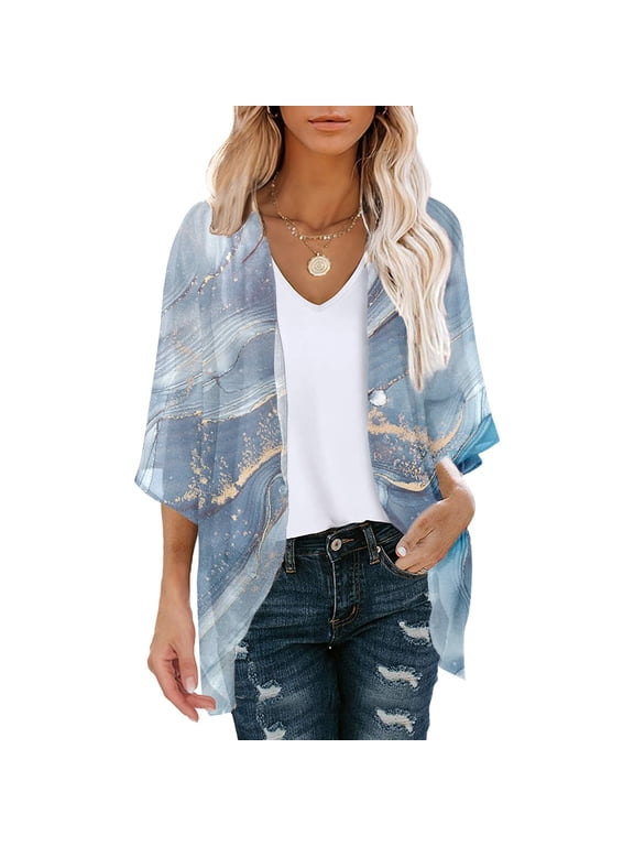 Women's Floral Print Puff Sleeve Kimono Cardigan Chiffon Beach Cover Up Summer Tops Loose Capes (Blue XXL)