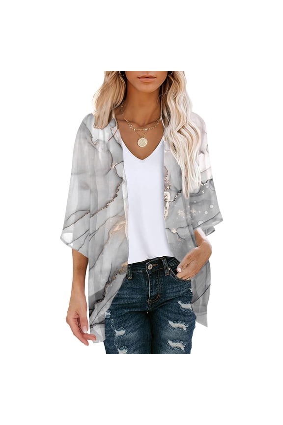 Women's Floral Print Puff Sleeve Kimono Cardigan Chiffon Beach Cover Up Summer Tops Loose Capes (Grey S)