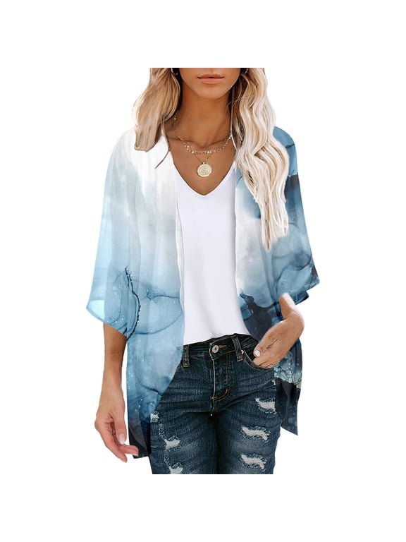 Women's Floral Print Puff Sleeve Kimono Cardigan Chiffon Beach Cover Up Summer Tops Loose Capes (Navy L)