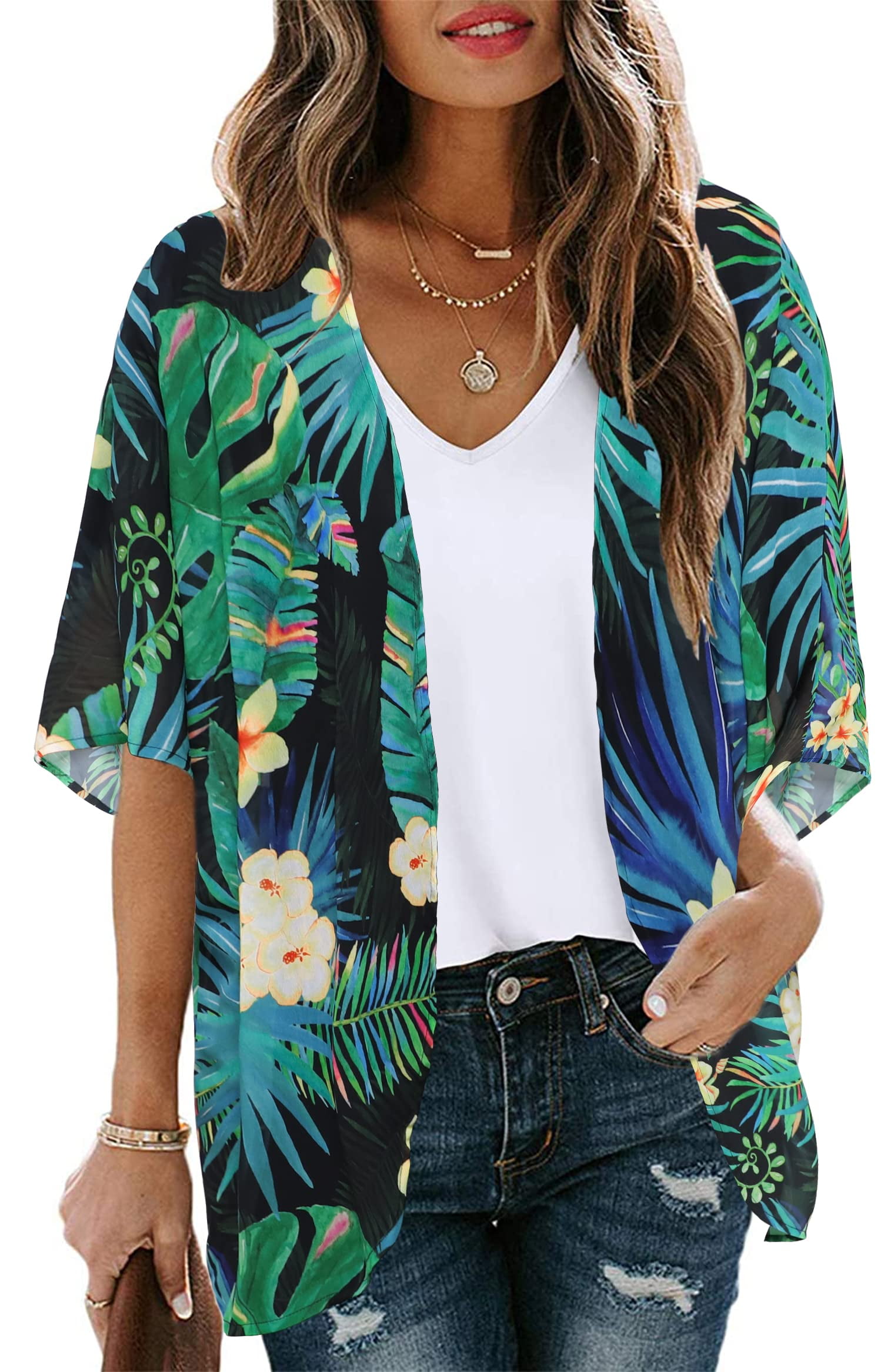 Women's Floral Print Puff Sleeve Kimono Cardigan Loose Cover Up