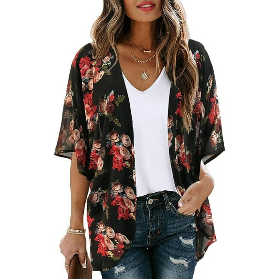 Women's Floral Print Puff Sleeve Kimono Cardigan Loose Cover Up Casual Blouse Tops