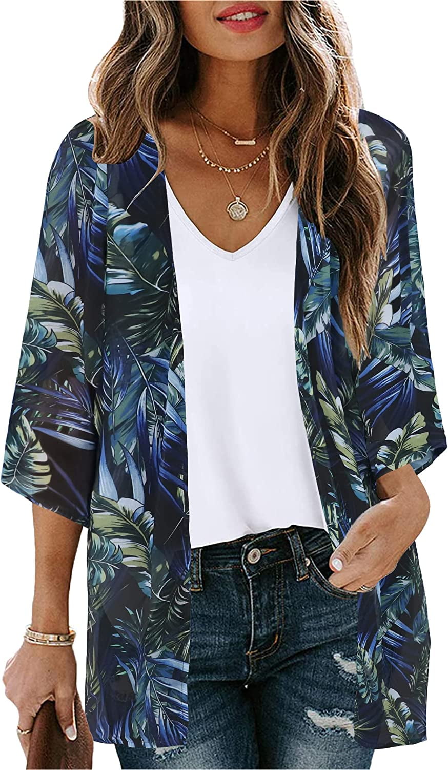 Women's Floral Print Sleeve Kimono Cardigan Loose Cover Up Casual