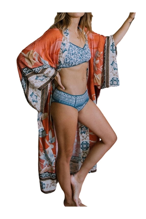 Women's Floral Print Robe Cover Ups Open Front Bohemian Maxi Cardigan Duster Coat -1 Red Crane One size