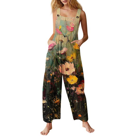 Women's Floral Print Romper - Adjustable Straps Sleeveless Cotton Overalls with Pockets for Summer ,Green,M