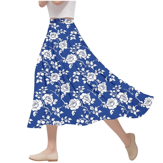Women's Floral Print Ruffle Hem A Line Elastic High Waist Flare Flowy Midi Skirts