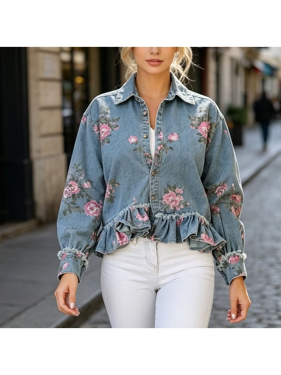 Women's Floral Print Shirts Ruffle Hem Cropped Button Down Shirt Frayed Cuffs Peplum Denim Tops Sky Blue 2XL