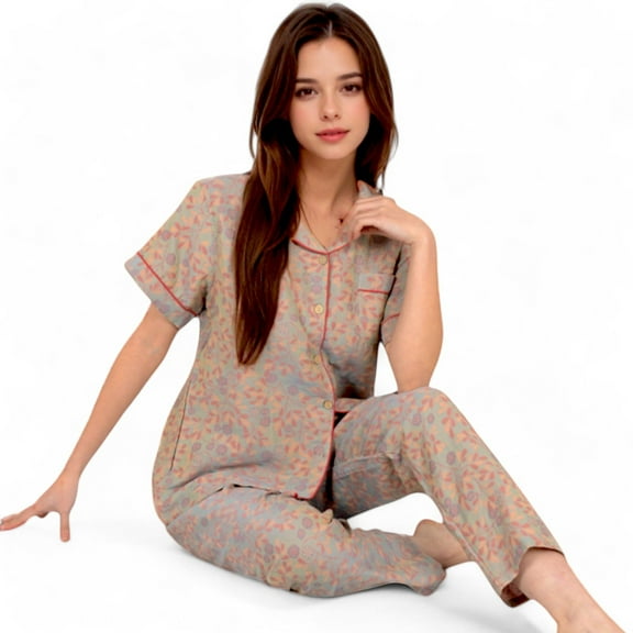 Women's Floral Print Short Sleeve Pajama Set with Button-Up Top and Piping Details - Medium, White