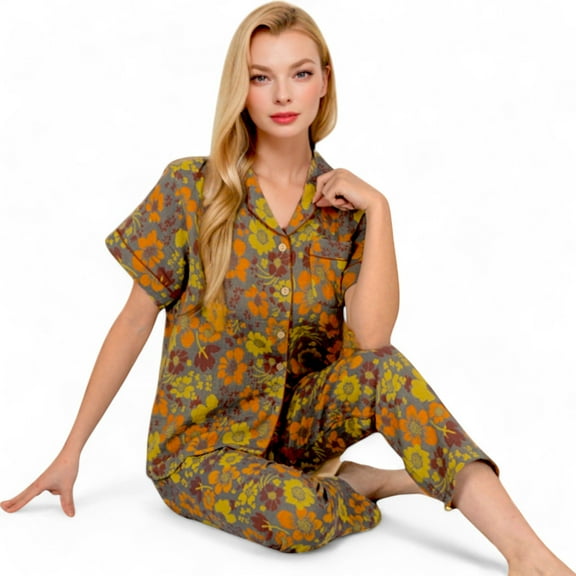 Women's Floral Print Short Sleeve Pajama Set with Button-Up Top and Piping Details - Medium, Yellow