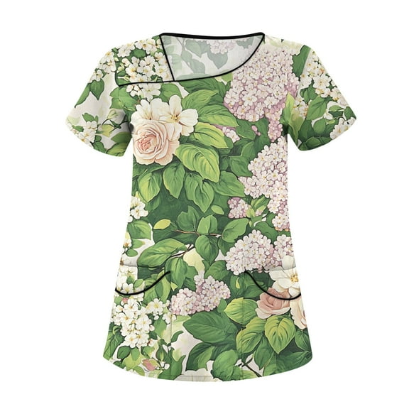 Women's Floral Print Short Sleeve Scrub Top | Stretchy Nurse Uniform Workwear with Sloping Collar & Double Pockets - All Seasons Casual & Medical Use (6+ Colors)