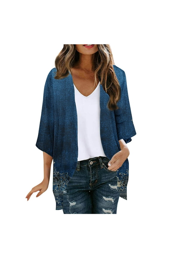 Women's Floral Print Shrugs Cardigans 3/4 Sleeve Chiffon Casual Loose Tops Open Front Cover Cardigan Blouse Blue L