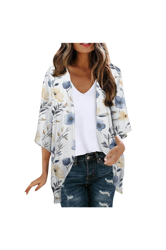 Women's Floral Print Shrugs Cardigans 3/4 Sleeve Chiffon Casual Loose Tops Open Front Cover Cardigan Blouse Blue XXL