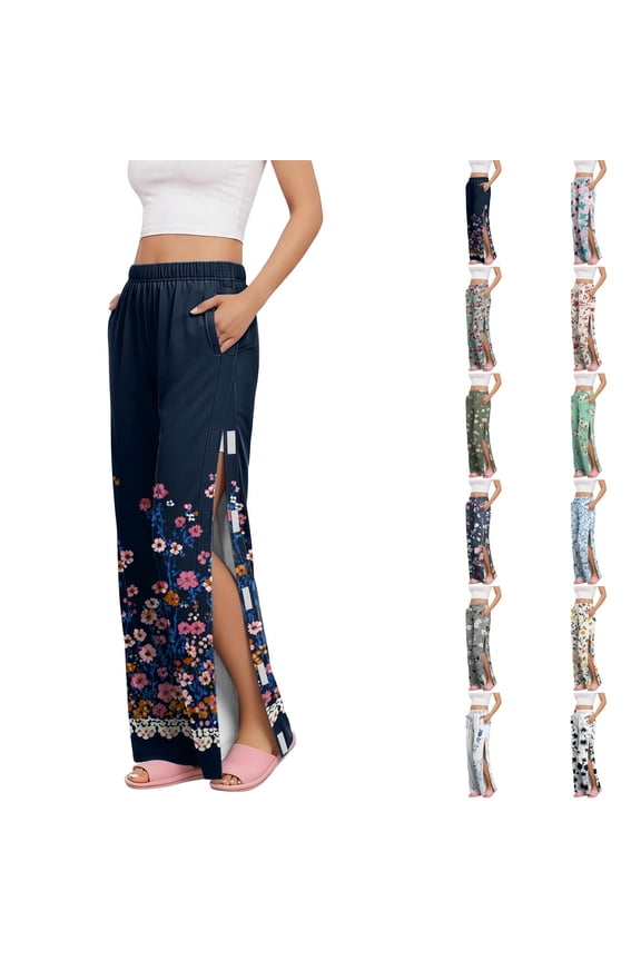 Women’s Floral Print Side Velcro Closure Pants for Post Surgery Recovery Comfortable Loose Fit Elastic Waistband Design