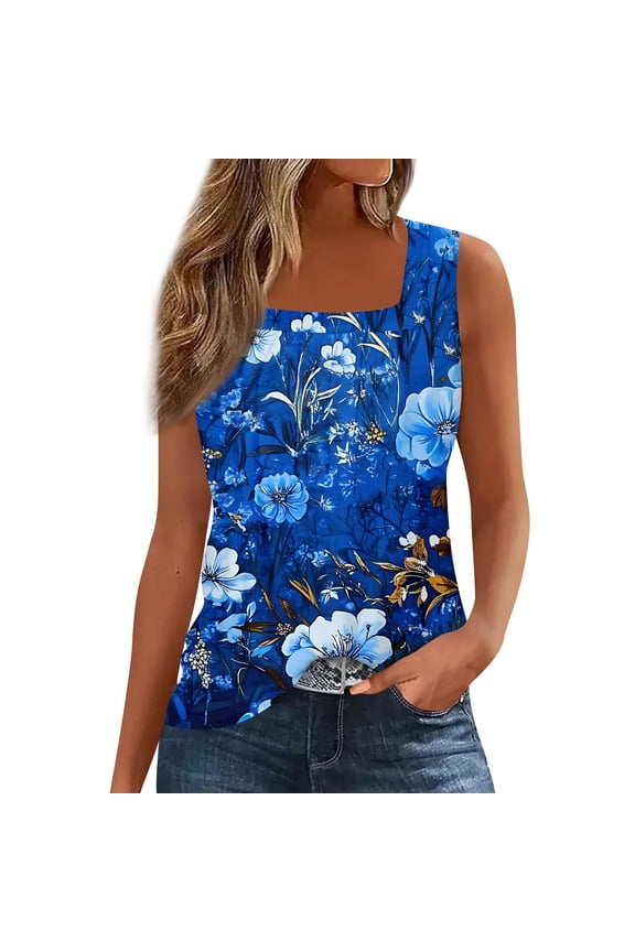 Women's Floral Print Sleeveless Blouse Casual Summer Top with Square Neckline, Lightweight and Breathable Fabric