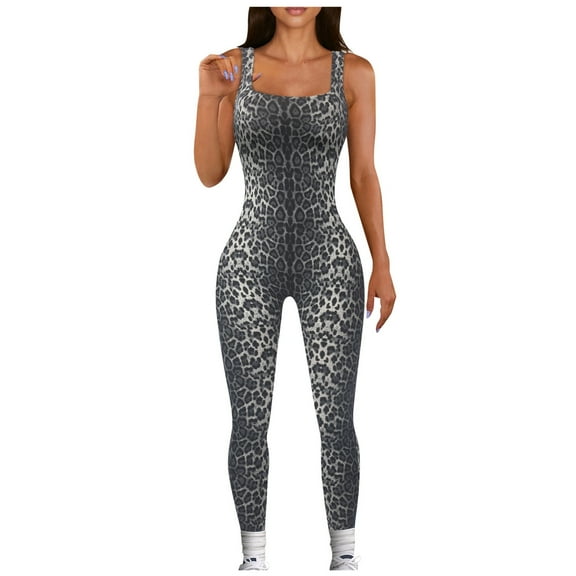 Women's Floral Print Sleeveless Jumpsuit with Square Neck Backless Design Bodycon Fit for Sports and Workouts