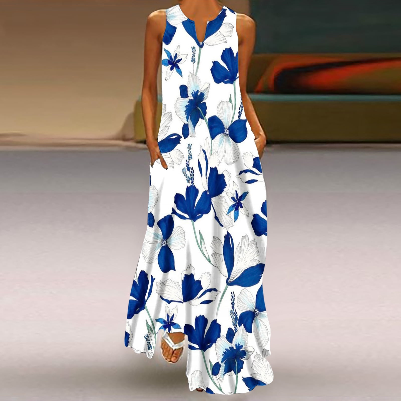 Dailytrove Women's Floral Print Sleeveless Maxi Dress, Casual Garden & Resort Wear, Lightweight Rayon Blend, Fit & Flare, Ruffled Hem, Size: DT-2XL