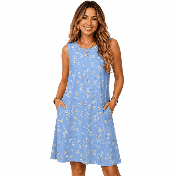 Women's Floral Print Sleeveless Midi Dress Crew Neck A-Line Casual Swing Dress