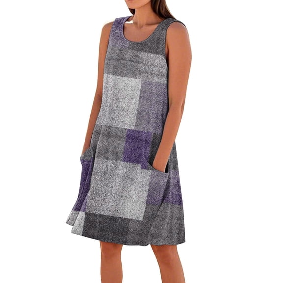 Women's Floral Print Sleeveless Tank Dress Loose Fit Beach Sundress with Hidden Pockets and Adjustable Straps for Poolside Lounging,Purple S