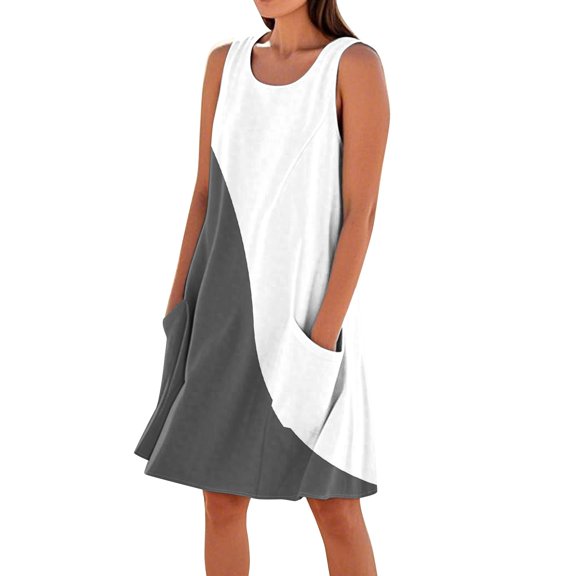 Women's Floral Print Sleeveless Tank Dress Loose Fit Beach Sundress with Hidden Pockets and Adjustable Straps for Poolside Lounging,White S