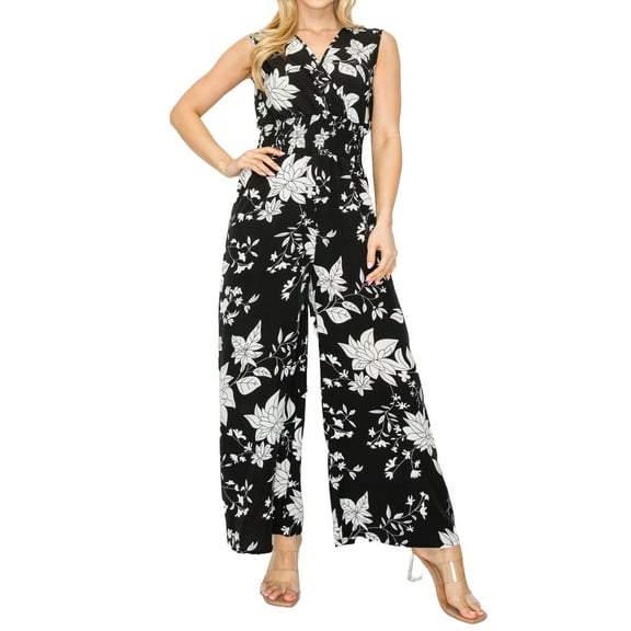 FashionStream Women's Flowy Floral Print Sleeveless Wide-Leg Jumpsuit with Elastic Waist