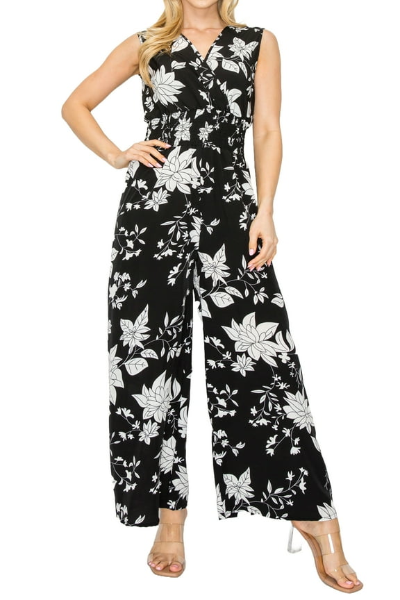 Women's Floral Print Sleeveless Wide-Leg Jumpsuit with Elastic Waist