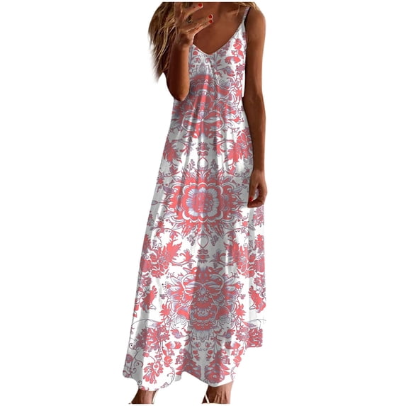 Women's Floral Print Smocked Maxi Dress Sexy Spaghetti Strap Flowy Swing Long Dress Summer Maxi Dresses Sleeveless V Neck Dress Casual Loose A-Line Dresses Holiday Beach Boho Sundress