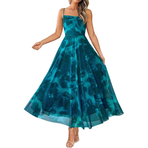 Women's Floral Print Spaghetti Strap Maxi Dress, Elegant Cowl Neck Chiffon Long Dress for Wedding Guest Formal Party