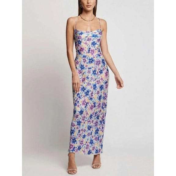Women's Floral Print Spaghetti Strap Maxi Dress with Open Back Detail- Small, Purple