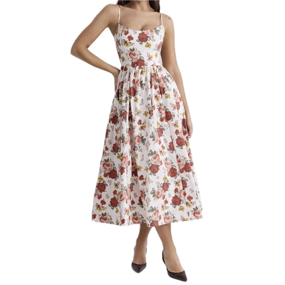Women's Floral Print Spaghetti Strap Midi Dress Ruched Pocketed Zipper 95% polyester 5% elastane for Spring Summer