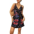 thumbnail image 1 of Women's Floral Print Spaghetti Strap Wrap Mini Dress Polyester % Lightweight Silky Feel Ideal for Summer Party, 1 of 16