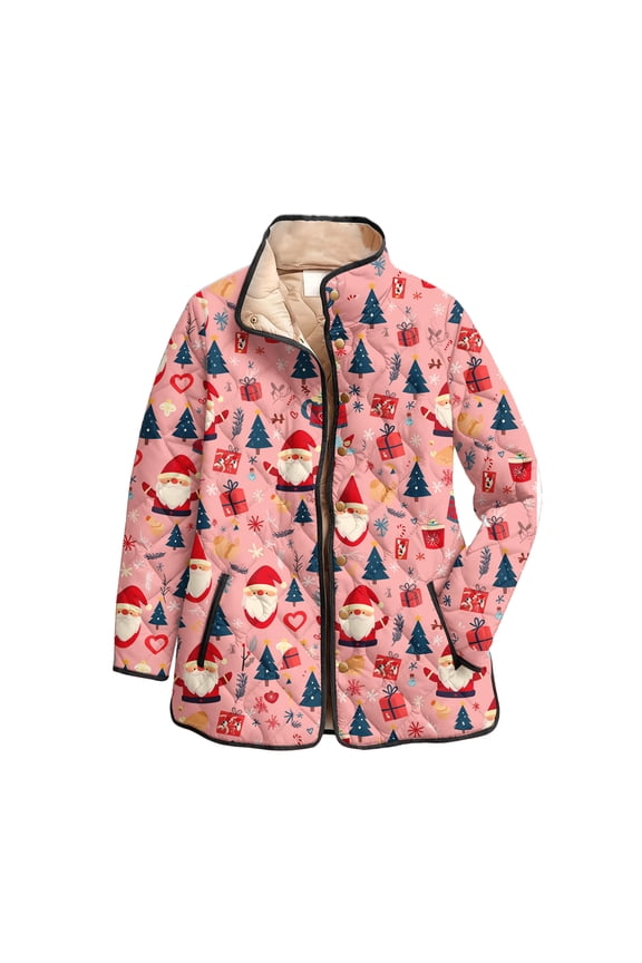 Women's Floral Print Stand Up Collar Pleated Cotton Long Sleeve Button Jacket with Vintage Christmas Design for Casual and Retro Style,Hot Pink,XS