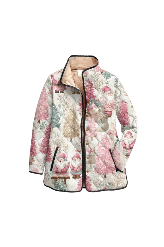 Women's Floral Print Stand Up Collar Pleated Cotton Long Sleeve Button Jacket with Vintage Christmas Design for Casual and Retro Style,Khaki,2XL