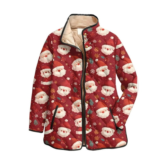 Women's Floral Print Stand Up Collar Pleated Cotton Long Sleeve Button Jacket with Vintage Christmas Design for Casual and Retro Style,Red,XL