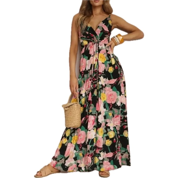 Women's Floral Print Surplice Spaghetti Strap Maxi Dress 100% Polyester Lightweight Flowing Summer Everyday Elegant