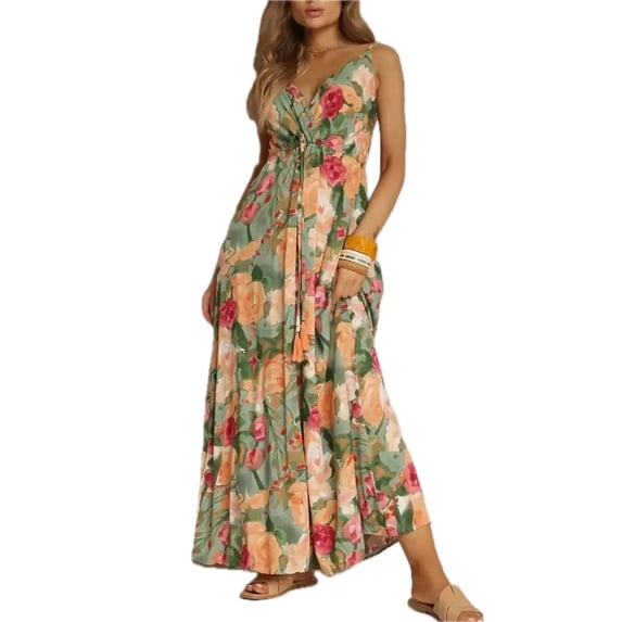 Women's Floral Print Surplice Spaghetti Strap Maxi Dress 100% Polyester Lightweight Flowing Summer Everyday Elegant