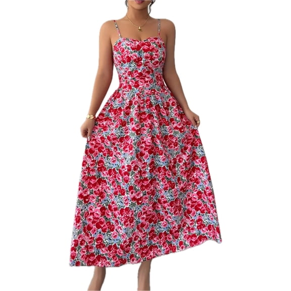 Women's Floral Print Sweetheart Neck Cami Dress with Polyester % Fabric Soft Lightweight and Breathable for Everyday