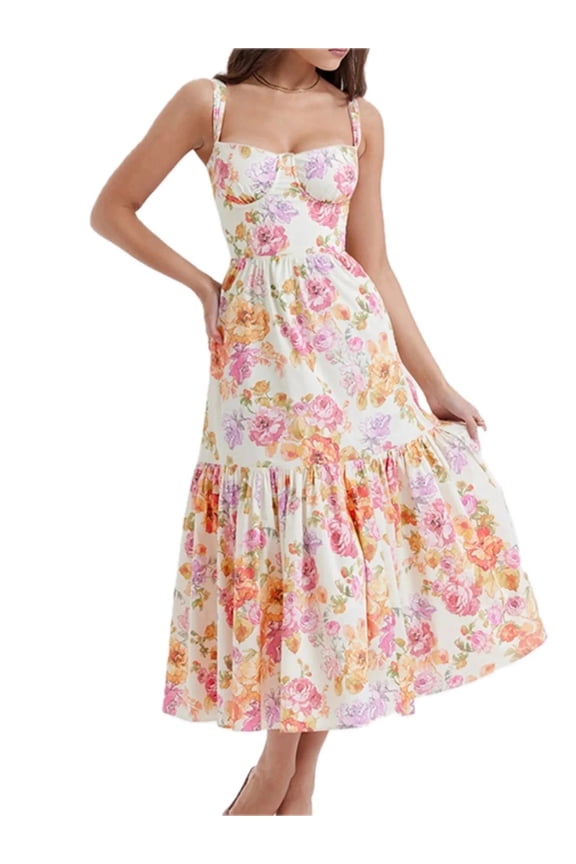 Women's Floral Print Sweetheart Neck Midi Dress 100% Polyester Ruffled Bodice Not Lined Easy Everyday Wear For Summer
