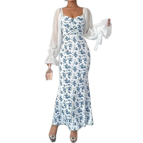 Women's Floral Print Sweetheart Neckline Maxi Dress with Ruffle Stretch Bodice Polyester % Fabric for Everyday Wear