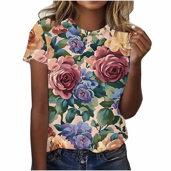 Women's Floral Print T-shirts Plus Size Summer Graphic Basic Tees Short Sleeve Tunic Tops Loose Fit (M, Multicolor)